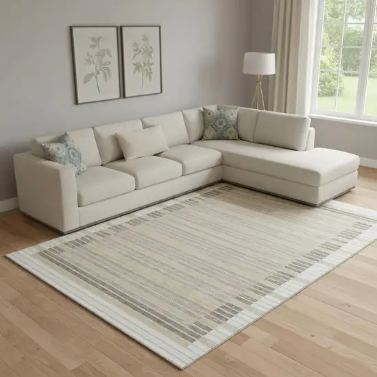 Ivory Tan And Taupe Striped Washable Area Rug With UV Protection Photo 2