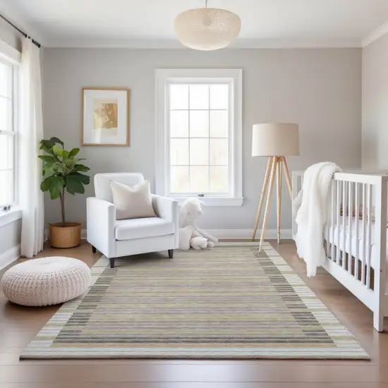 Ivory Tan And Taupe Striped Washable Area Rug With UV Protection Photo 5