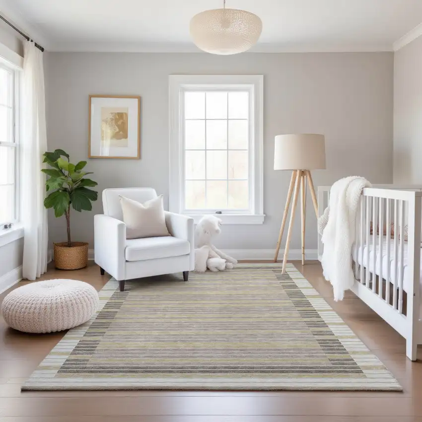 Ivory Tan And Taupe Striped Washable Area Rug With UV Protection Photo 5