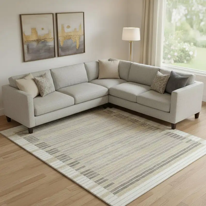 Ivory Tan And Taupe Striped Washable Area Rug With UV Protection Photo 2
