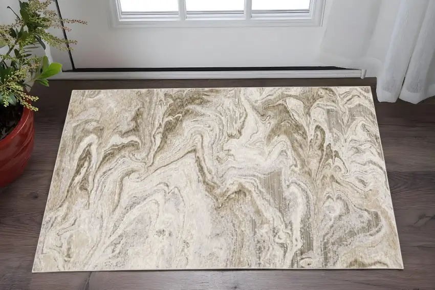 Ivory Tan Beige Grey And Brown Abstract Power Loom Stain Resistant Area Rug Photo 1