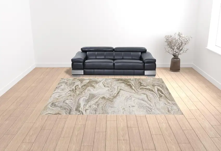 Ivory Tan Beige Grey And Brown Abstract Power Loom Stain Resistant Area Rug Photo 2