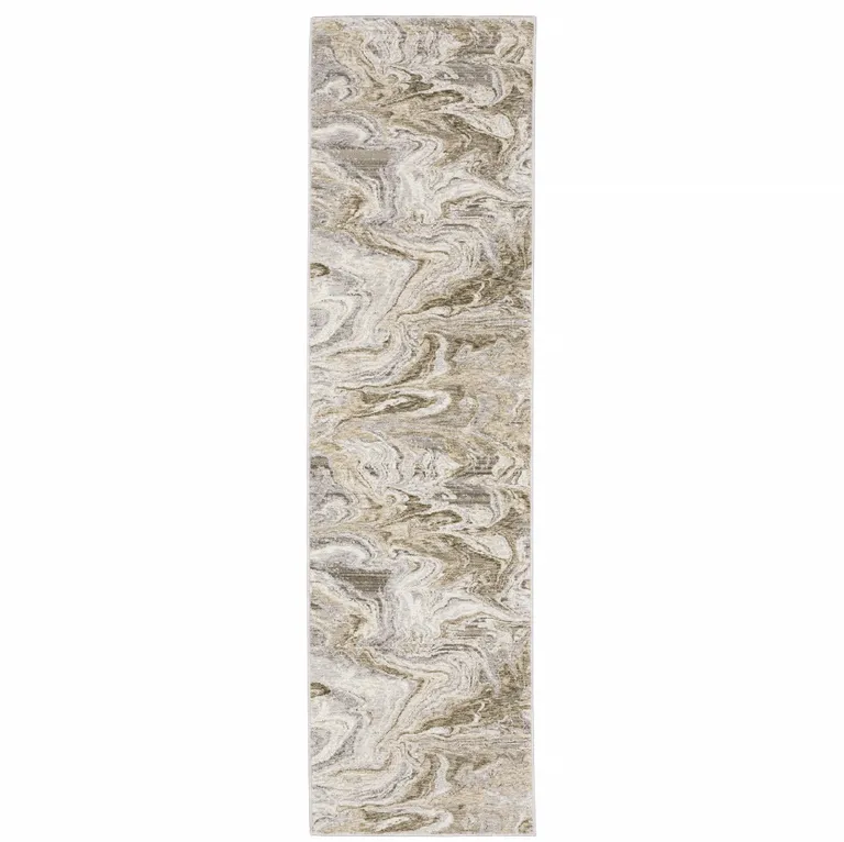 Ivory Tan Beige Grey And Brown Abstract Power Loom Stain Resistant Runner Rug Photo 5