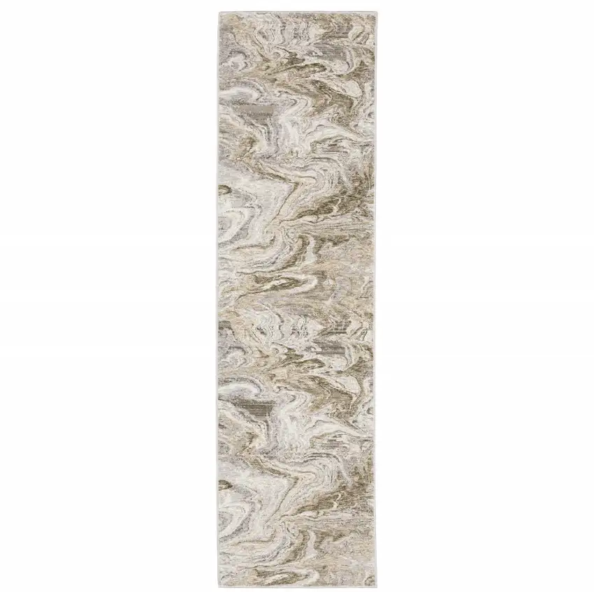 2' X 8' Ivory Tan Beige Grey And Brown Abstract Power Loom Stain Resistant Runner Rug Photo 2