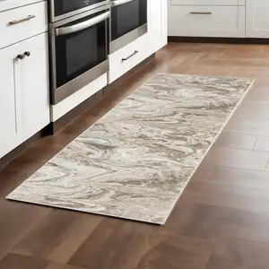 Photo of Ivory Tan Beige Grey And Brown Abstract Power Loom Stain Resistant Runner Rug