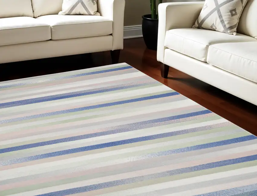 Ivory Tan and Blue Abstract Distressed Non Skid Area Rug Photo 1
