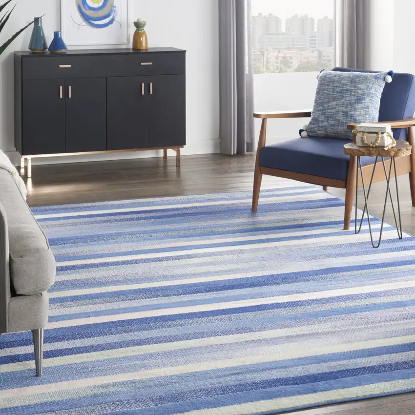 Ivory Tan and Blue Abstract Distressed Non Skid Area Rug Photo 3