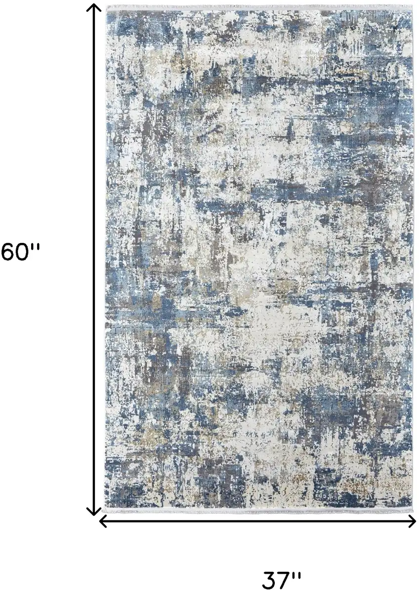 Ivory Tan and Blue Abstract Power Loom Area Rug With Fringe Photo 3