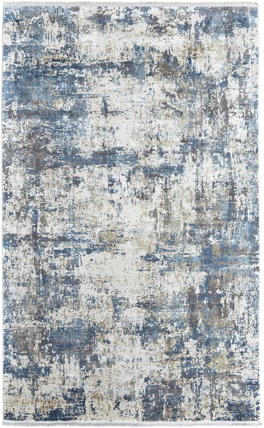 Ivory Tan and Blue Abstract Power Loom Area Rug With Fringe Photo 5