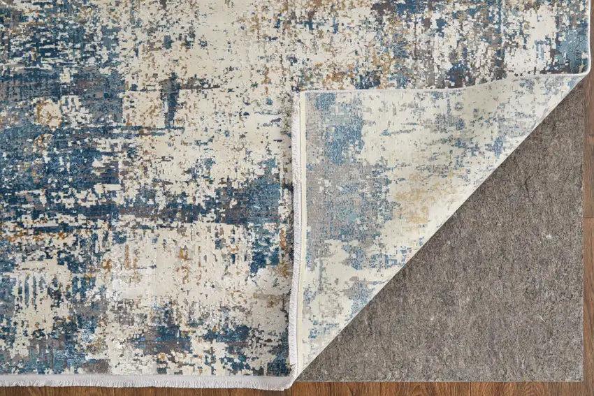 Ivory Tan and Blue Abstract Power Loom Area Rug With Fringe Photo 7
