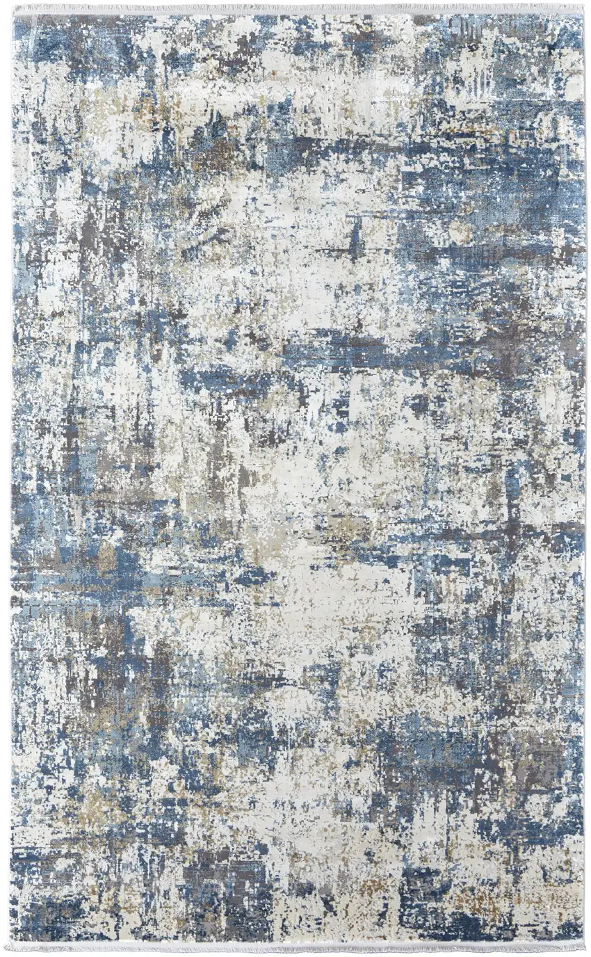 Ivory Tan and Blue Abstract Power Loom Area Rug With Fringe Photo 2
