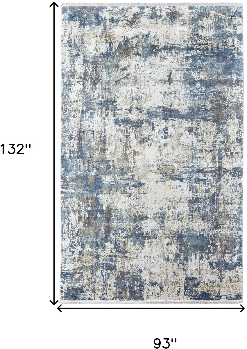 Ivory Tan and Blue Abstract Power Loom Area Rug With Fringe Photo 3