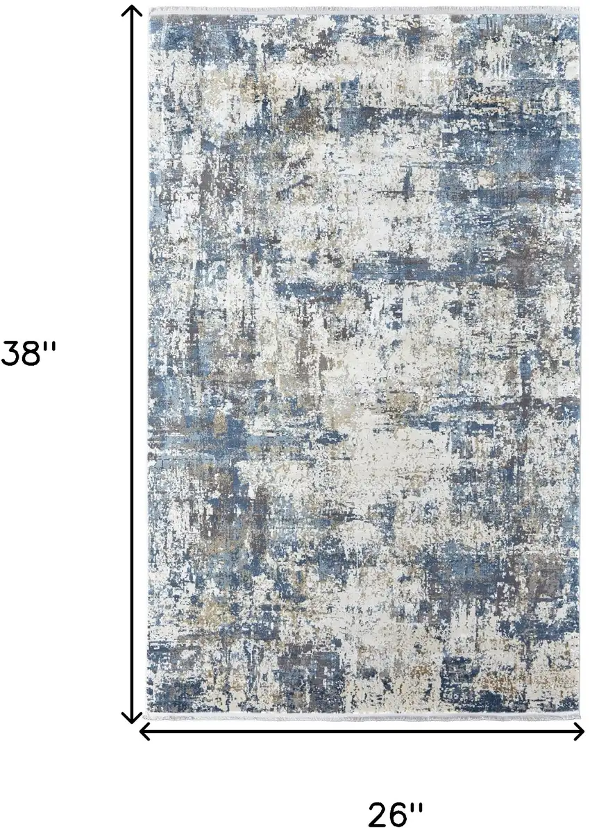 Ivory Tan and Blue Abstract Power Loom Area Rug With Fringe Photo 3