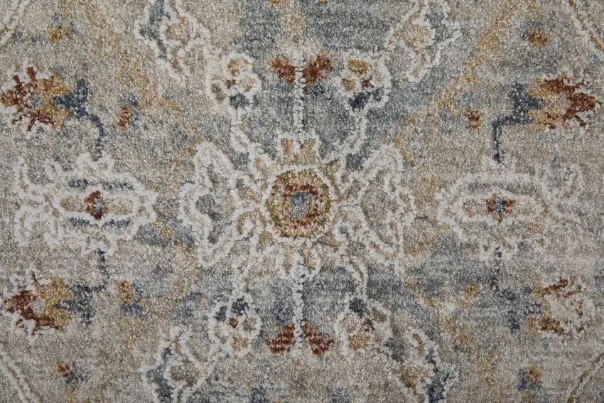 Ivory Tan and Blue Abstract Power Loom Worn Faded Area Rug With Fringe Photo 8