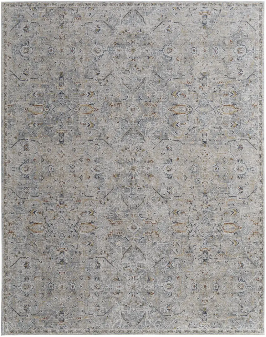 Ivory Tan and Blue Abstract Power Loom Worn Faded Area Rug With Fringe Photo 5