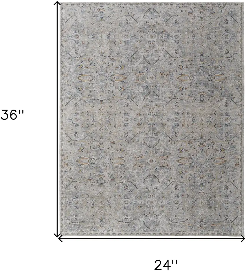Ivory Tan and Blue Abstract Power Loom Worn Faded Area Rug With Fringe Photo 3
