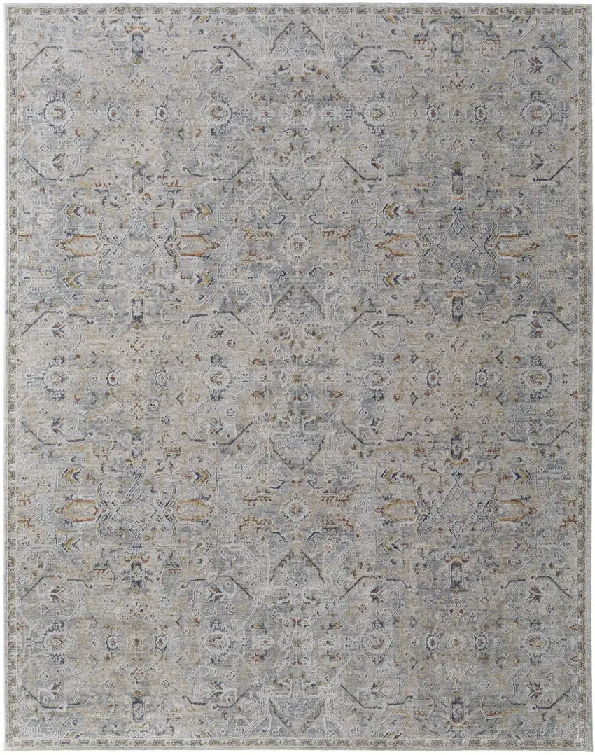Ivory Tan and Blue Abstract Power Loom Worn Faded Area Rug With Fringe Photo 2