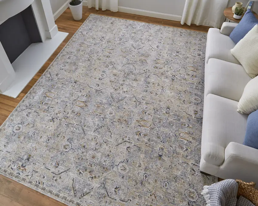 Ivory Tan and Blue Abstract Power Loom Worn Faded Area Rug With Fringe Photo 9