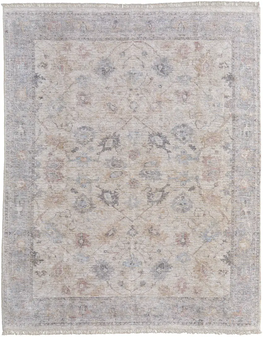 Ivory Tan and Blue Floral Hand Woven Distressed Area Rug With Fringe Photo 2