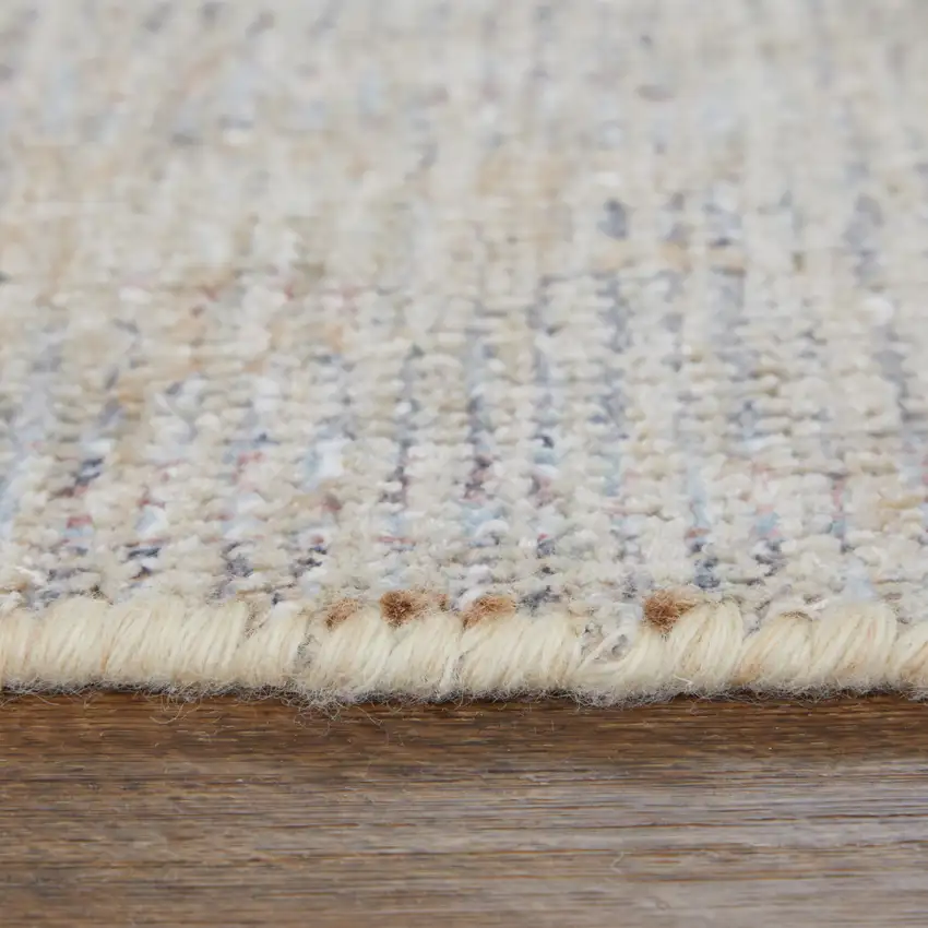 Ivory Tan and Blue Floral Hand Woven Distressed Area Rug With Fringe Photo 5