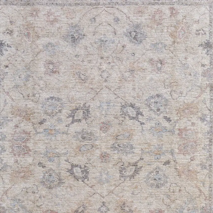 Ivory Tan and Blue Floral Hand Woven Distressed Area Rug With Fringe Photo 8