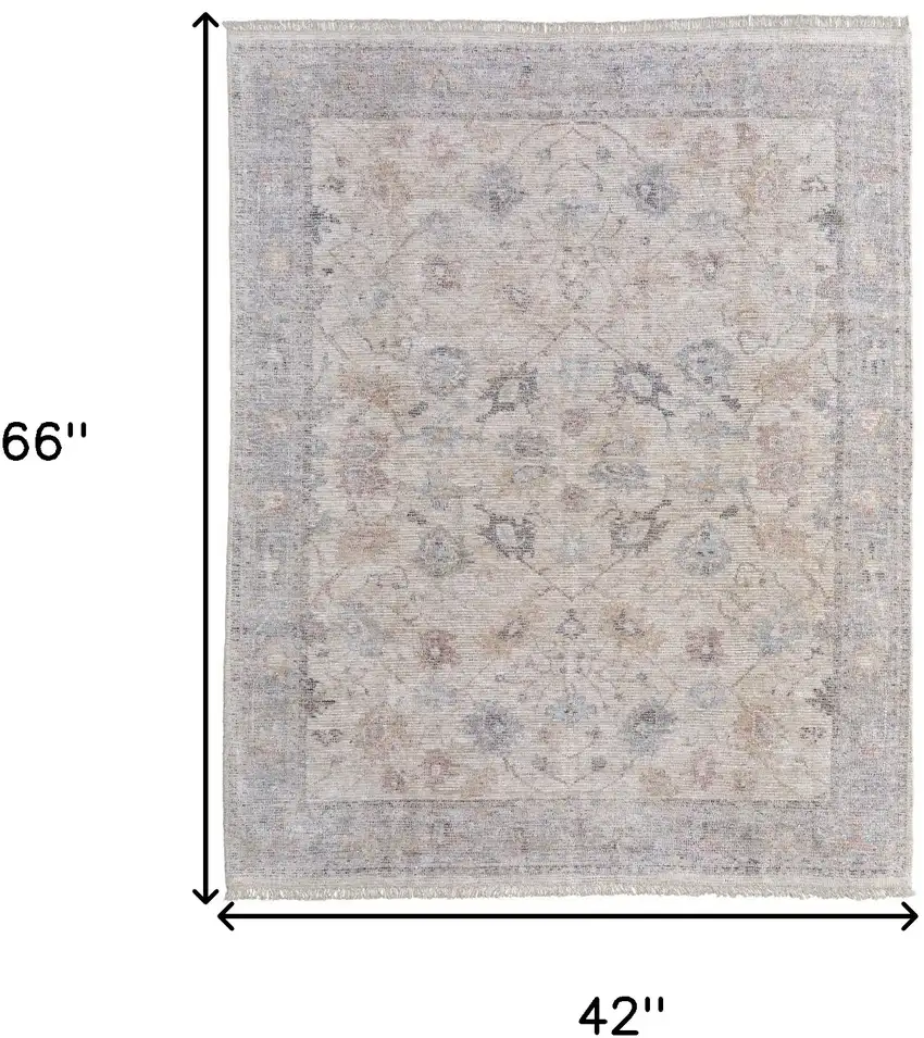 Ivory Tan and Blue Floral Hand Woven Distressed Area Rug With Fringe Photo 3