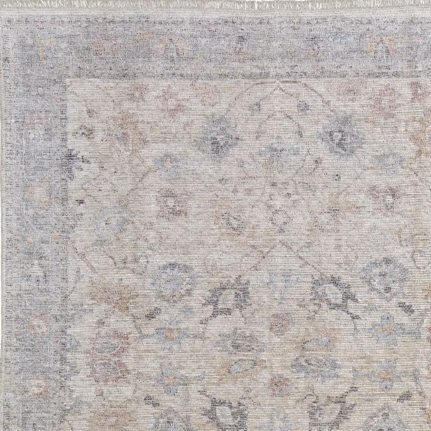 Ivory Tan and Blue Floral Hand Woven Distressed Area Rug With Fringe Photo 7