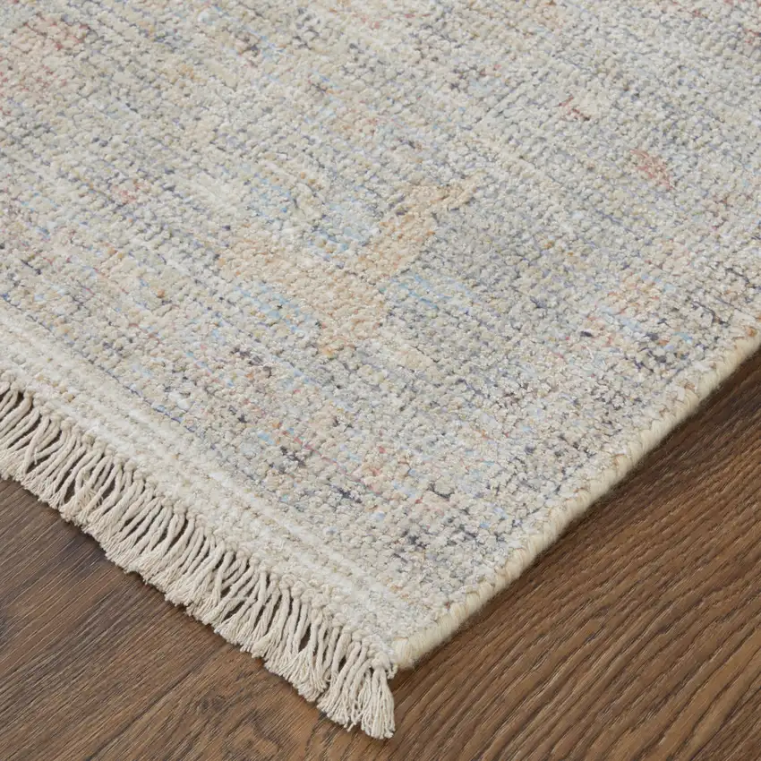 Ivory Tan and Blue Floral Hand Woven Distressed Area Rug With Fringe Photo 9