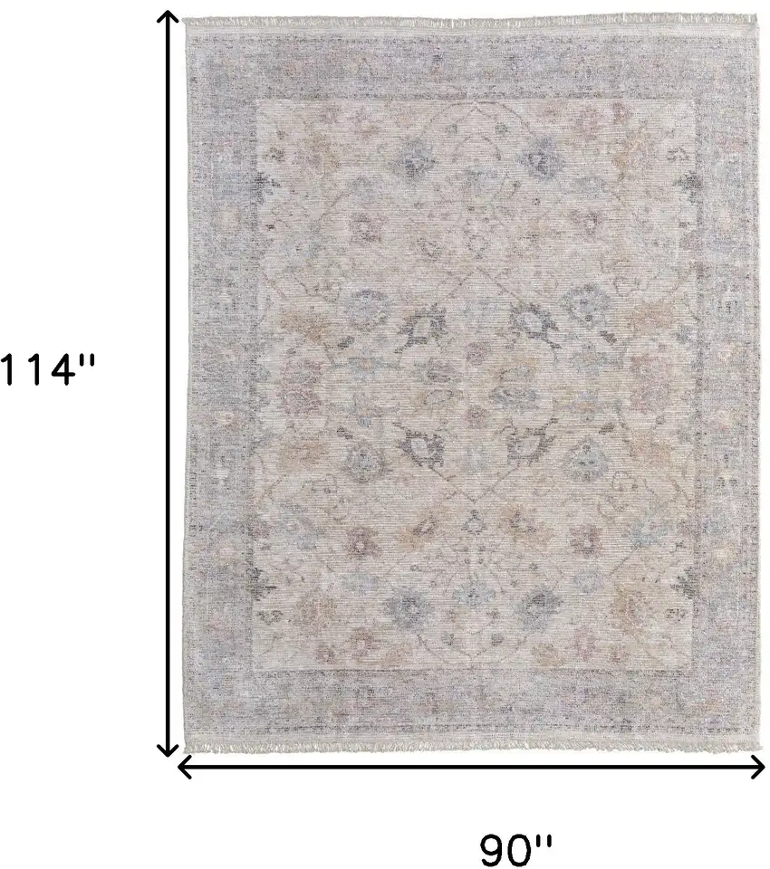 Ivory Tan and Blue Floral Hand Woven Distressed Area Rug With Fringe Photo 3