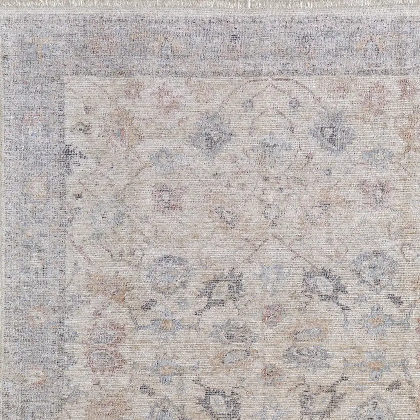 Ivory Tan and Blue Floral Hand Woven Distressed Area Rug With Fringe Photo 7