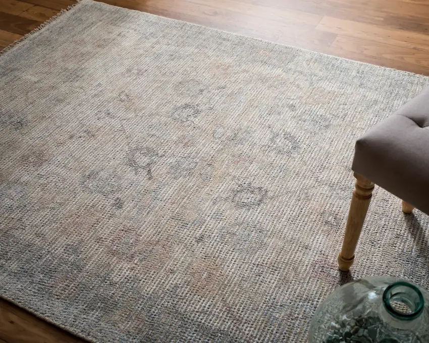 Ivory Tan and Blue Floral Hand Woven Distressed Area Rug With Fringe Photo 9
