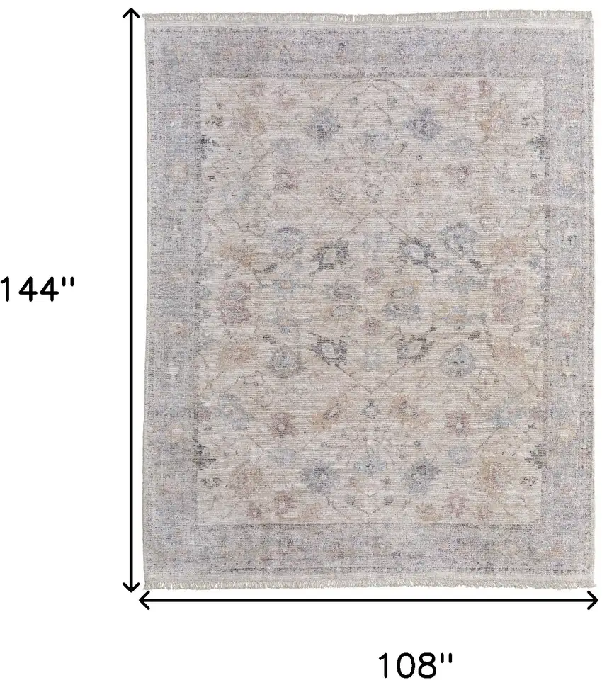 Ivory Tan and Blue Floral Hand Woven Distressed Area Rug With Fringe Photo 3