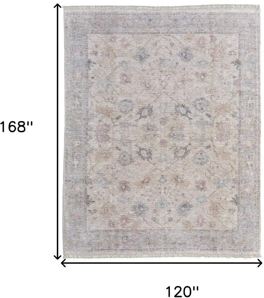 Ivory Tan and Blue Floral Hand Woven Distressed Area Rug With Fringe Photo 3
