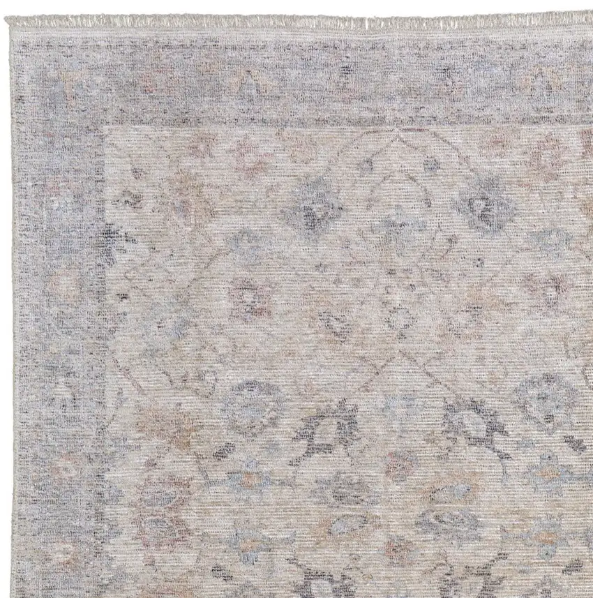 Ivory Tan and Blue Floral Hand Woven Distressed Area Rug With Fringe Photo 4