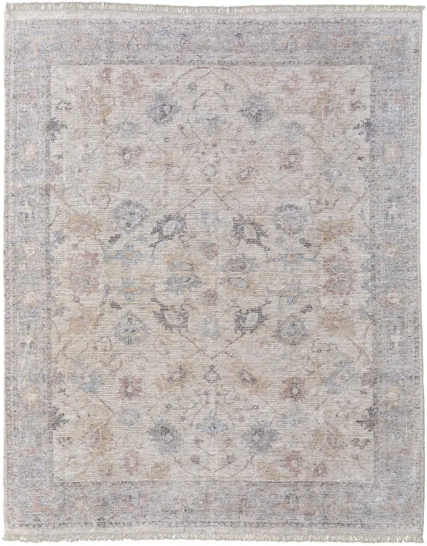 Ivory Tan and Blue Floral Hand Woven Distressed Area Rug With Fringe Photo 5