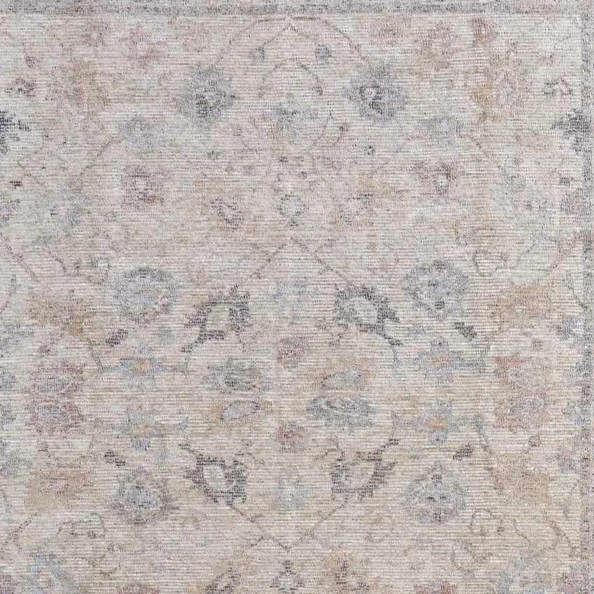 Ivory Tan and Blue Floral Hand Woven Distressed Area Rug With Fringe Photo 8