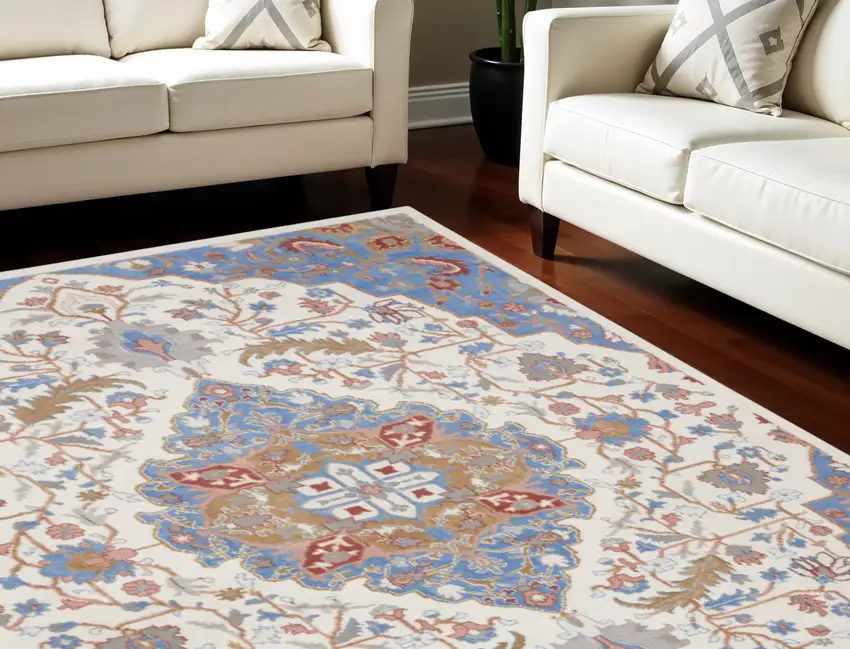 Ivory Tan and Blue Floral Medallion Non Skid Area Rug Photo 1