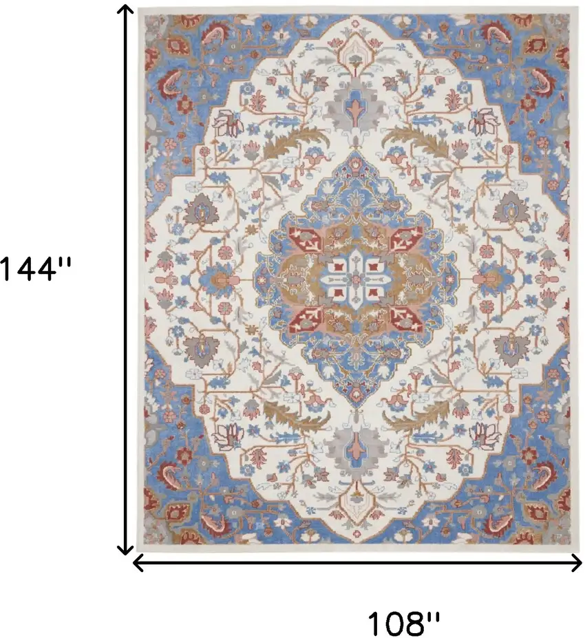 Ivory Tan and Blue Floral Medallion Non Skid Area Rug Photo 3