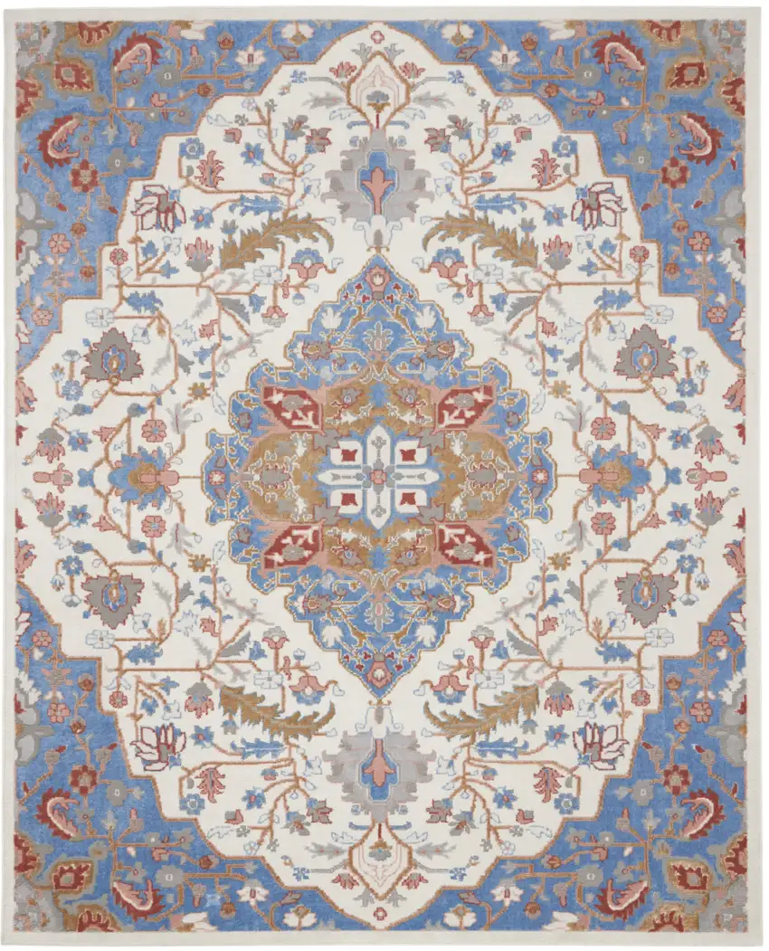 Ivory Tan and Blue Floral Medallion Non Skid Area Rug Photo 2