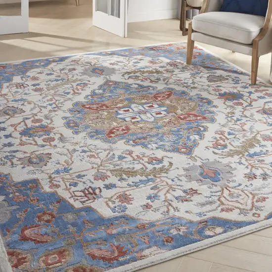 Ivory Tan and Blue Floral Medallion Non Skid Area Rug Photo 3