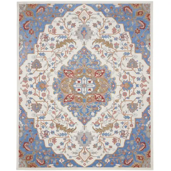 Ivory Tan and Blue Floral Medallion Non Skid Area Rug Photo 1