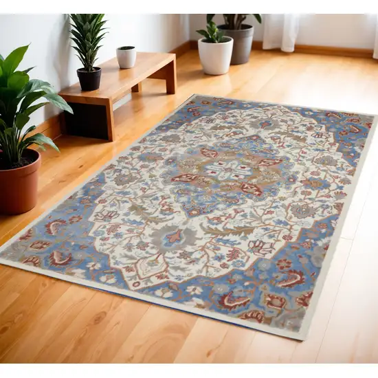 Ivory Tan and Blue Floral Medallion Non Skid Area Rug Photo 1