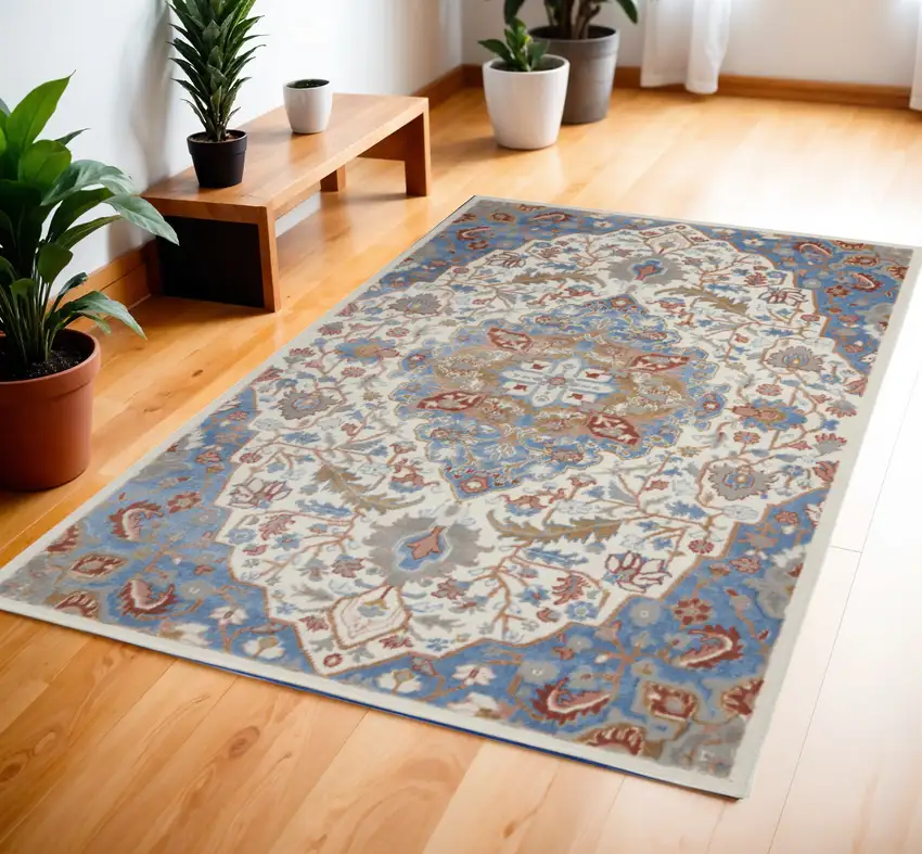 Ivory Tan and Blue Floral Medallion Non Skid Area Rug Photo 1