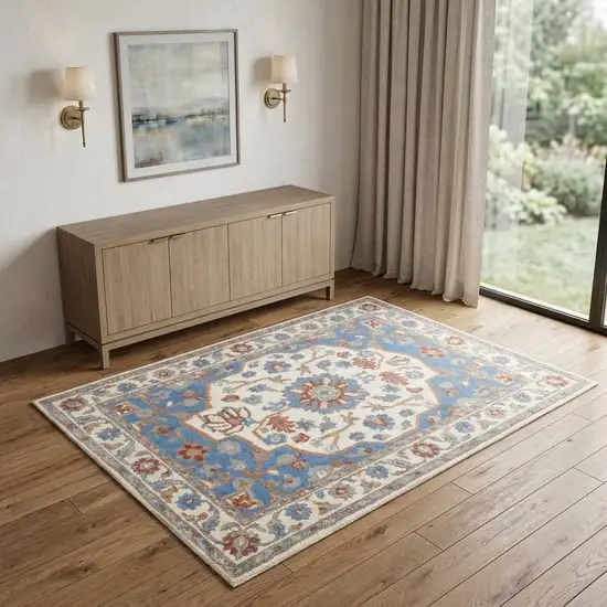 Ivory Tan and Blue Floral Medallion Non Skid Area Rug Photo 1