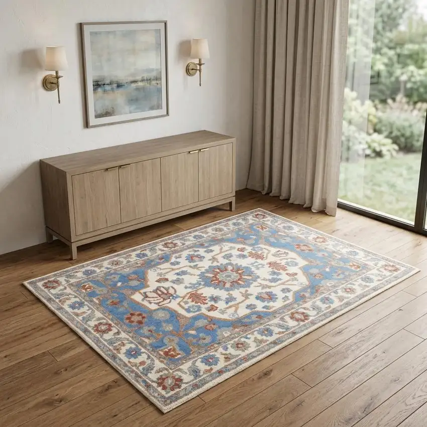 Ivory Tan and Blue Floral Medallion Non Skid Area Rug Photo 1