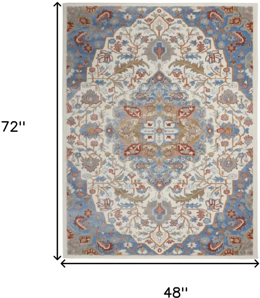 Ivory Tan and Blue Floral Medallion Non Skid Area Rug Photo 3