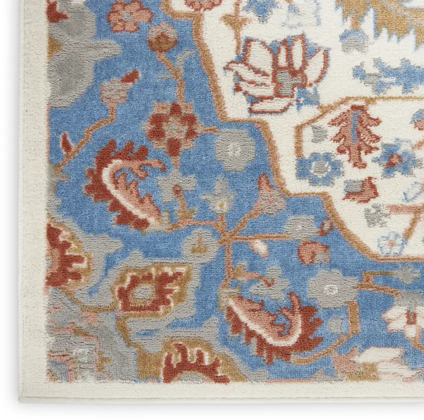 Ivory Tan and Blue Floral Medallion Non Skid Area Rug Photo 9