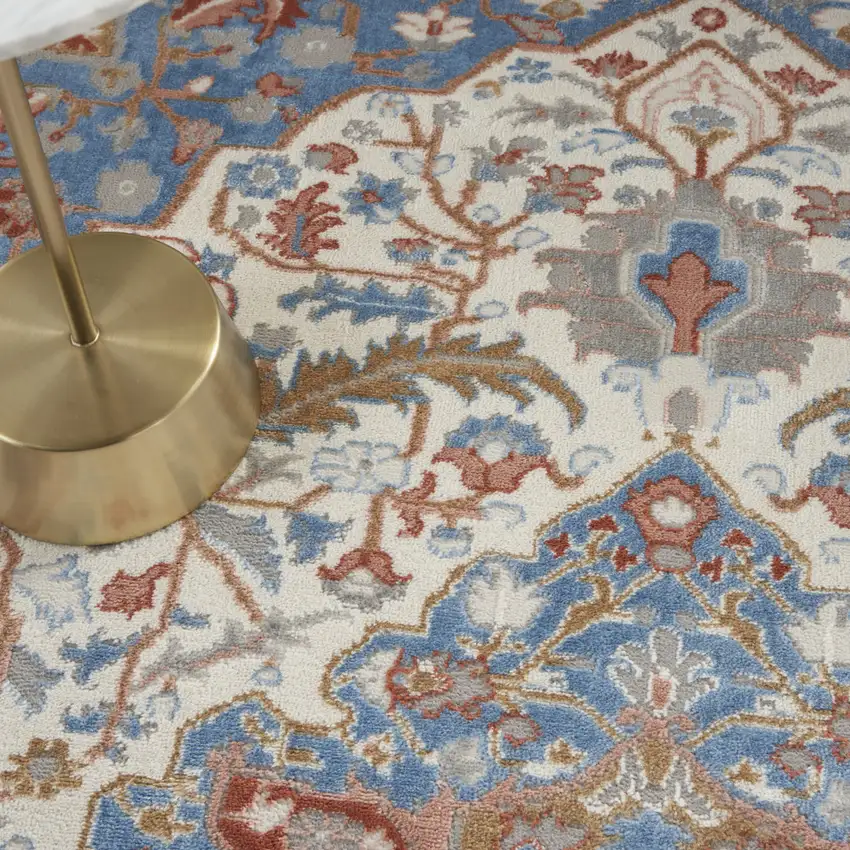 Ivory Tan and Blue Floral Medallion Non Skid Area Rug Photo 8