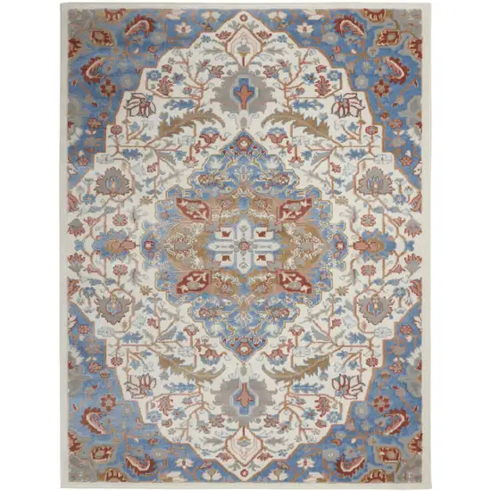 Ivory Tan and Blue Floral Medallion Non Skid Area Rug Photo 2