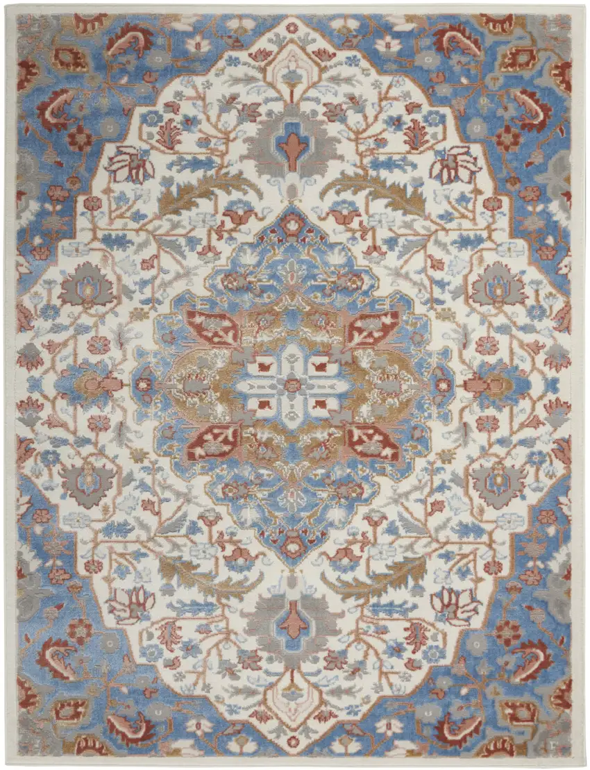 Ivory Tan and Blue Floral Medallion Non Skid Area Rug Photo 2